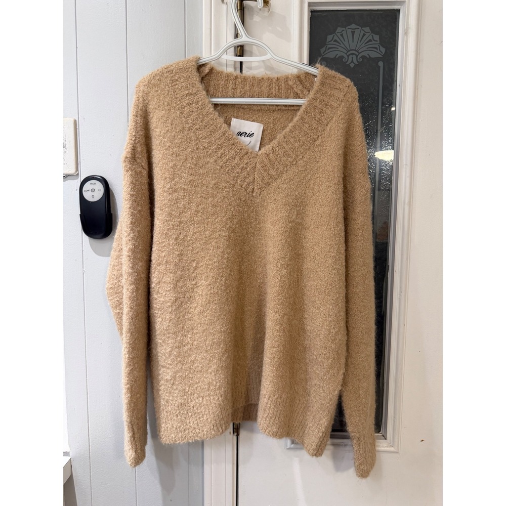Aerie Oversized V-Neck Sweater Camel Tan Boucle Knit Pullover Small
